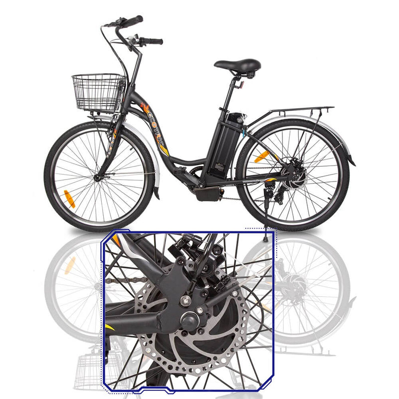 Ecotric 26inch Black Peacedove electric city bike with basket and rear rack