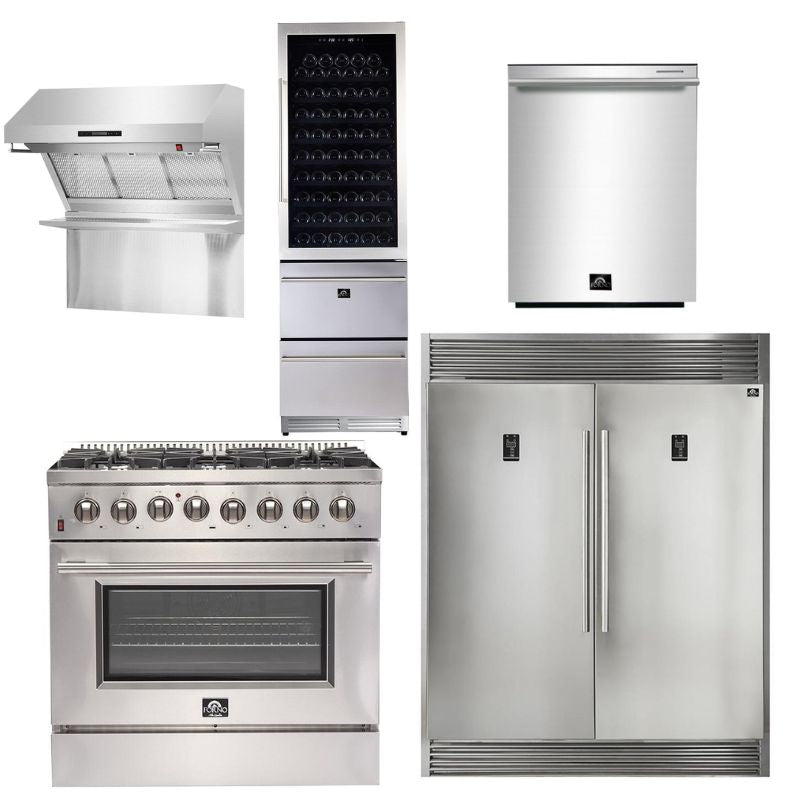 Forno Appliance Package - 36 Inch Gas Range, Wall Mount Range Hood, Refrigerator, Wine Cooler, Dishwasher, FWCDR-FFSGS6244-36