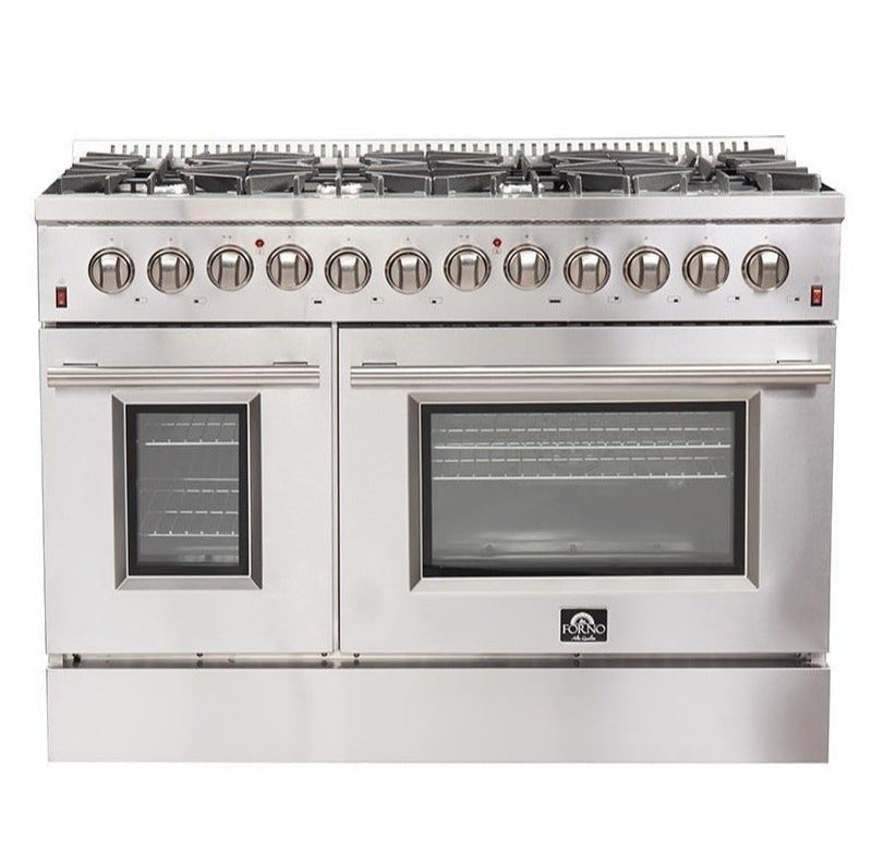 Forno Appliance Package - 48 Inch Dual Fuel Range, Range Hood, Built-In Refrigerator, Microwave Drawer, Dishwasher, Wine Cooler, 33SB-FFSGS6156-48