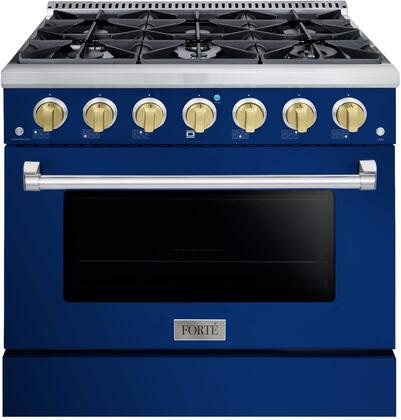 Forte 36 Inch All Gas Freestanding Range in Midnight Blue with Brass Knob Kit Set and Bezel Kit - FGR366BBL4