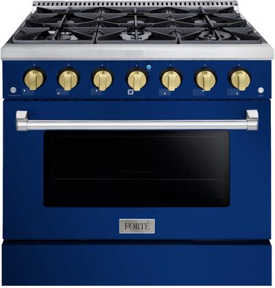 Forte 36 Inch All Gas Freestanding Range in Midnight Blue with Brass Knob Kit Set and Bezel Kit - FGR366BBL4