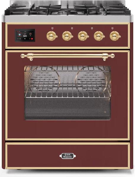 ILVE 30" Majestic II Series Gas Burner and Electric Oven Range with 5 Sealed Burners (UM30DNE3) - Burgundy with Brass Trim