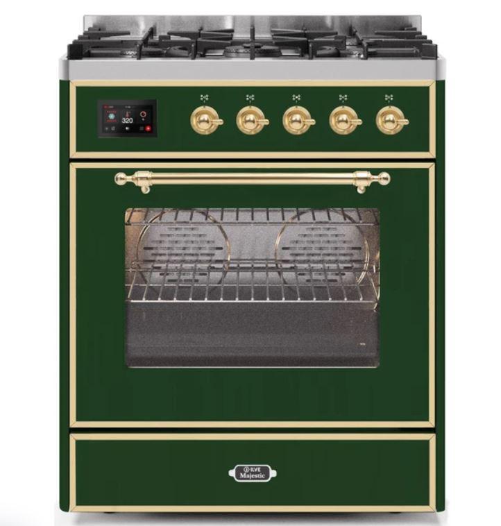 ILVE 30" Majestic II Series Gas Burner and Electric Oven Range with 5 Sealed Burners (UM30DNE3) - Emerald Green with Brass Trim