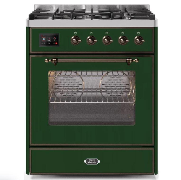 ILVE 30" Majestic II Series Gas Burner and Electric Oven Range with 5 Sealed Burners (UM30DNE3) - Emerald Green with Bronze Trim