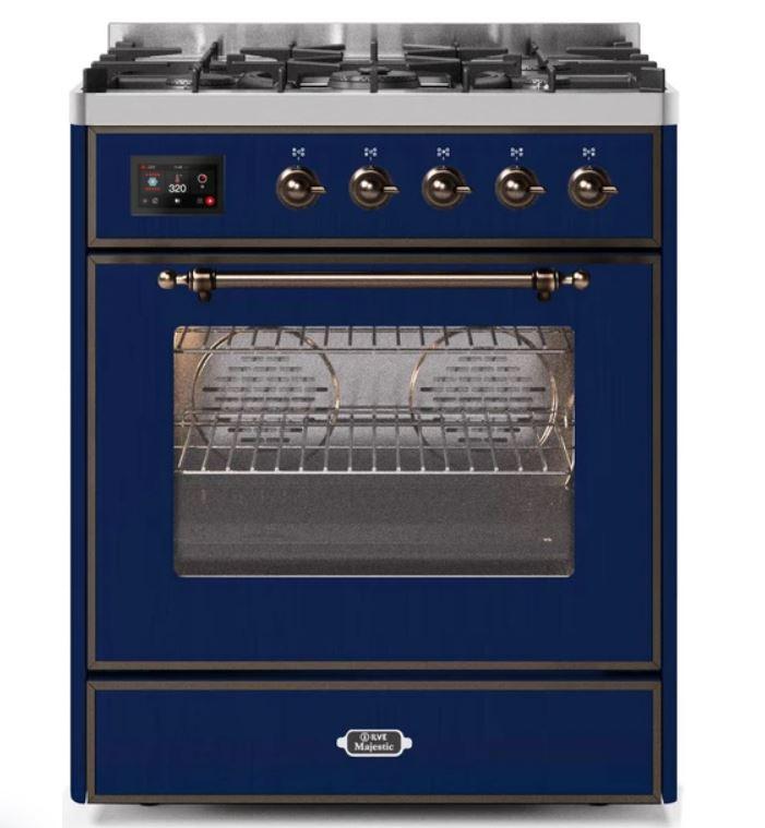 ILVE 30" Majestic II Series Gas Burner and Electric Oven Range with 5 Sealed Burners (UM30DNE3) - Midnight Blue with Brass Trim