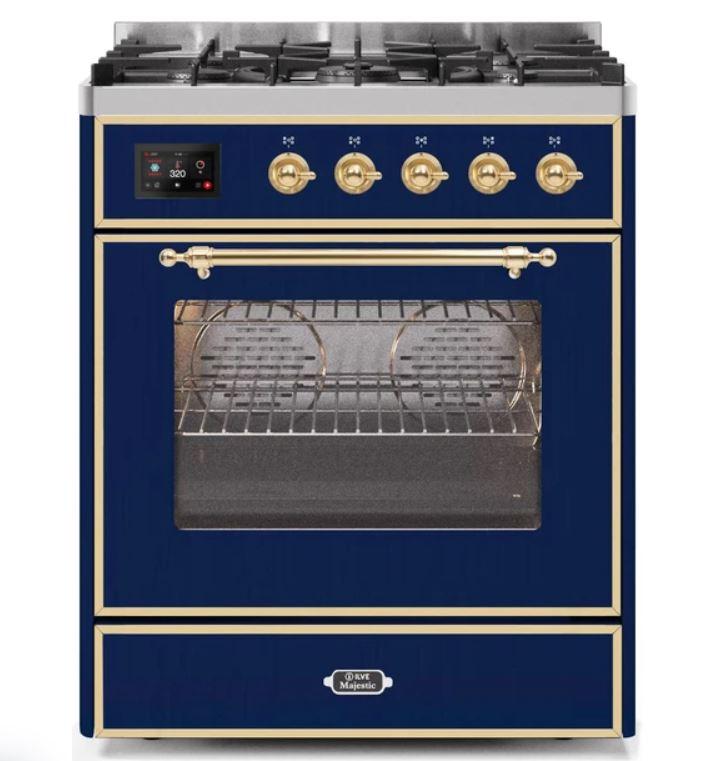 ILVE 30" Majestic II Series Gas Burner and Electric Oven Range with 5 Sealed Burners (UM30DNE3) - Midnight Blue with Bronze Trim