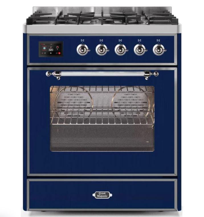 ILVE 30" Majestic II Series Gas Burner and Electric Oven Range with 5 Sealed Burners (UM30DNE3) - Midnight Blue with Chrome Trim