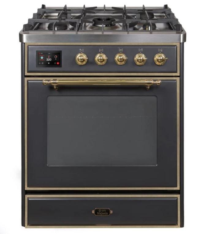 ILVE 30" Majestic II Series Gas Burner and Electric Oven Range with 5 Sealed Burners (UM30DNE3) - Matte Graphite with Brass Trim