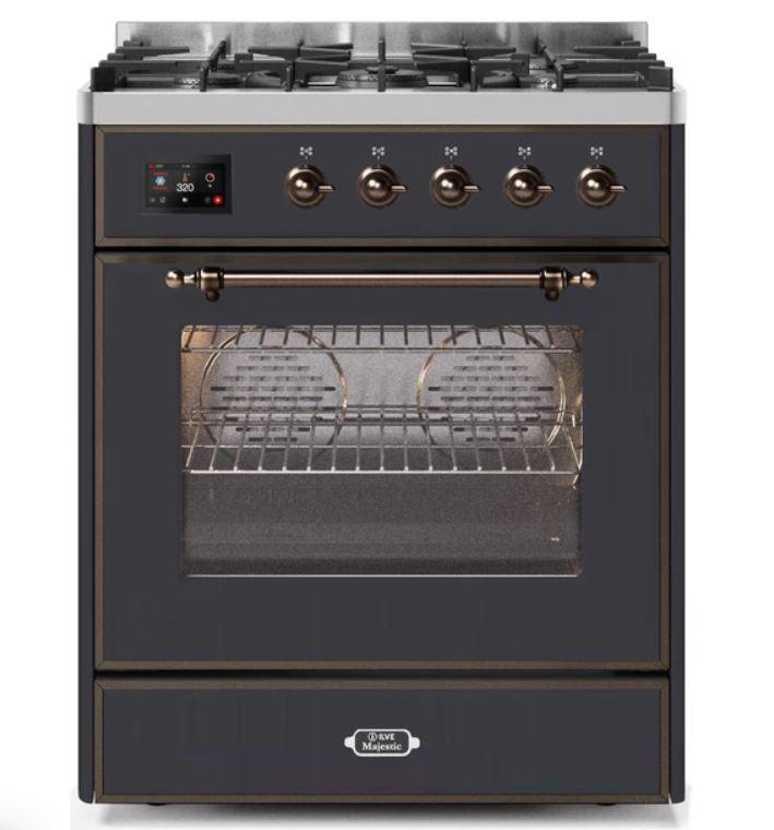 ILVE 30" Majestic II Series Gas Burner and Electric Oven Range with 5 Sealed Burners (UM30DNE3) - Matte Graphite with Bronze Trim