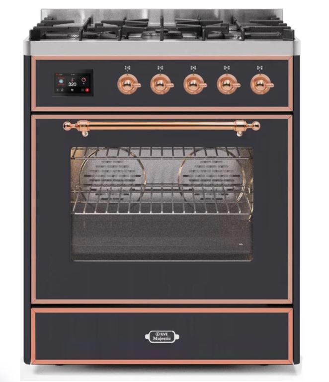 ILVE 30" Majestic II Series Gas Burner and Electric Oven Range with 5 Sealed Burners (UM30DNE3) - Matte Graphite with Copper Trim