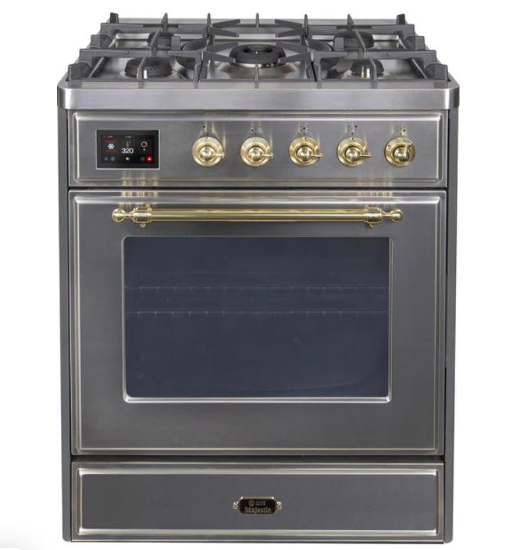 ILVE 30" Majestic II Series Gas Burner and Electric Oven Range with 5 Sealed Burners (UM30DNE3) - Stainless Steel with Brass Trim