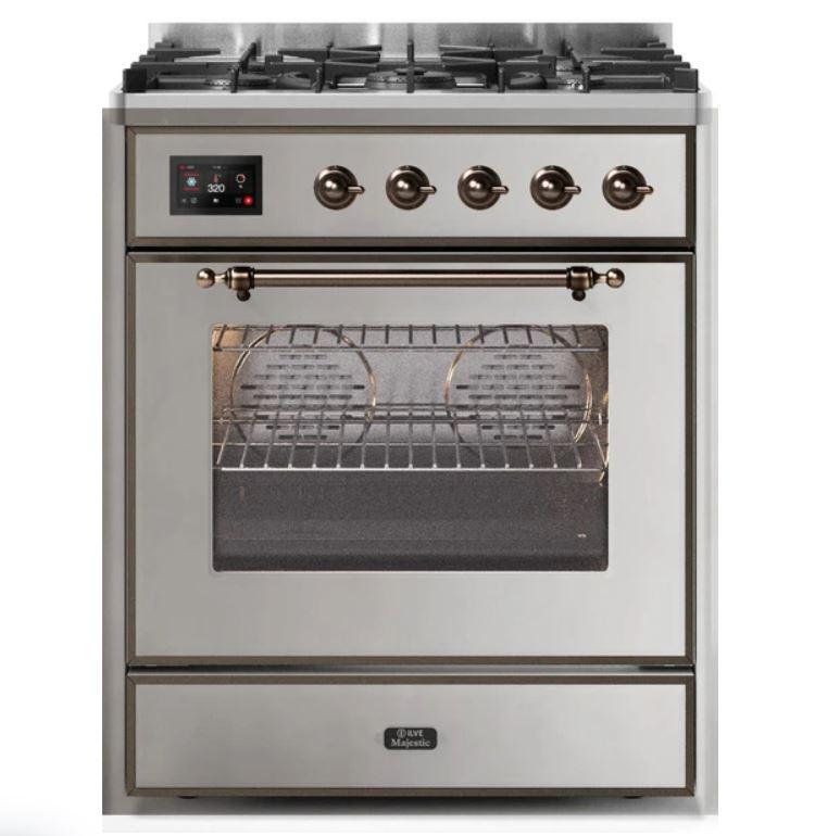 ILVE 30" Majestic II Series Gas Burner and Electric Oven Range with 5 Sealed Burners (UM30DNE3) - Stainless Steel with Bronze Trim