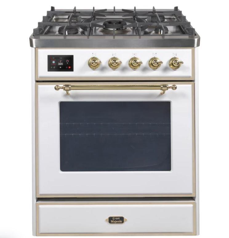 ILVE 30" Majestic II Series Gas Burner and Electric Oven Range with 5 Sealed Burners (UM30DNE3) - White with Brass Trim