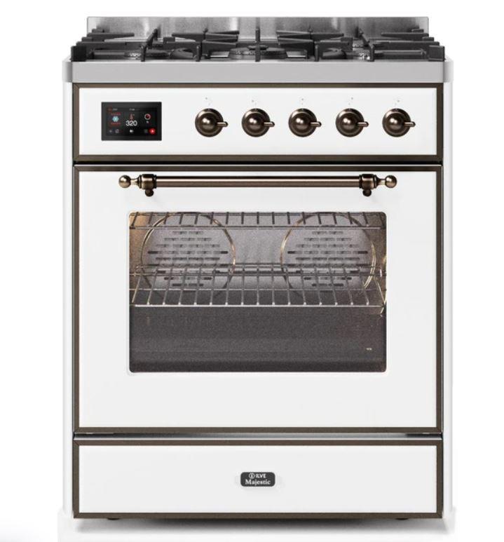 ILVE 30" Majestic II Series Gas Burner and Electric Oven Range with 5 Sealed Burners (UM30DNE3) - White with Bronze Trim