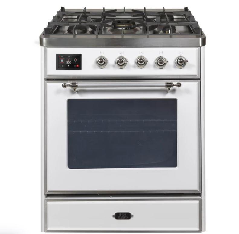 ILVE 30" Majestic II Series Gas Burner and Electric Oven Range with 5 Sealed Burners (UM30DNE3) - White with Chrome Trim