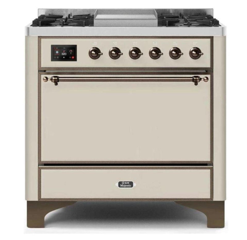 ILVE 36 Inch Majestic II Series Natural/ Propane Gas Burner and Electric Oven Range with 6 Sealed Burners (UM09FDQNS3) - Antique White with Bronze Trim