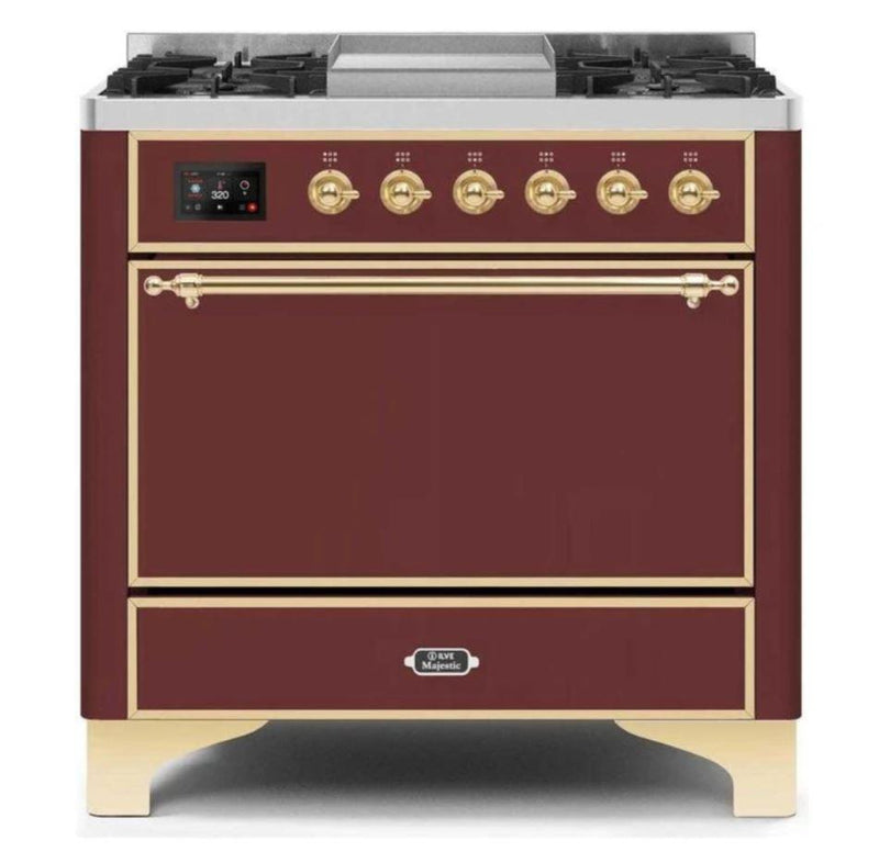 ILVE 36 Inch Majestic II Series Natural/ Propane Gas Burner and Electric Oven Range with 6 Sealed Burners (UM09FDQNS3) - Burgundy with Brass Trim