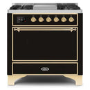 ILVE 36 Inch Majestic II Series Natural/ Propane Gas Burner and Electric Oven Range with 6 Sealed Burners (UM09FDQNS3) - Glossy Black with Brass Trim
