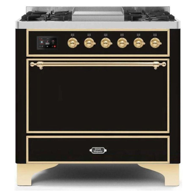 ILVE 36 Inch Majestic II Series Natural/ Propane Gas Burner and Electric Oven Range with 6 Sealed Burners (UM09FDQNS3) - Glossy Black with Brass Trim