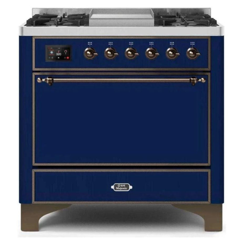 ILVE 36 Inch Majestic II Series Natural/ Propane Gas Burner and Electric Oven Range with 6 Sealed Burners (UM09FDQNS3) - Midnight Blue with Bronze Trim
