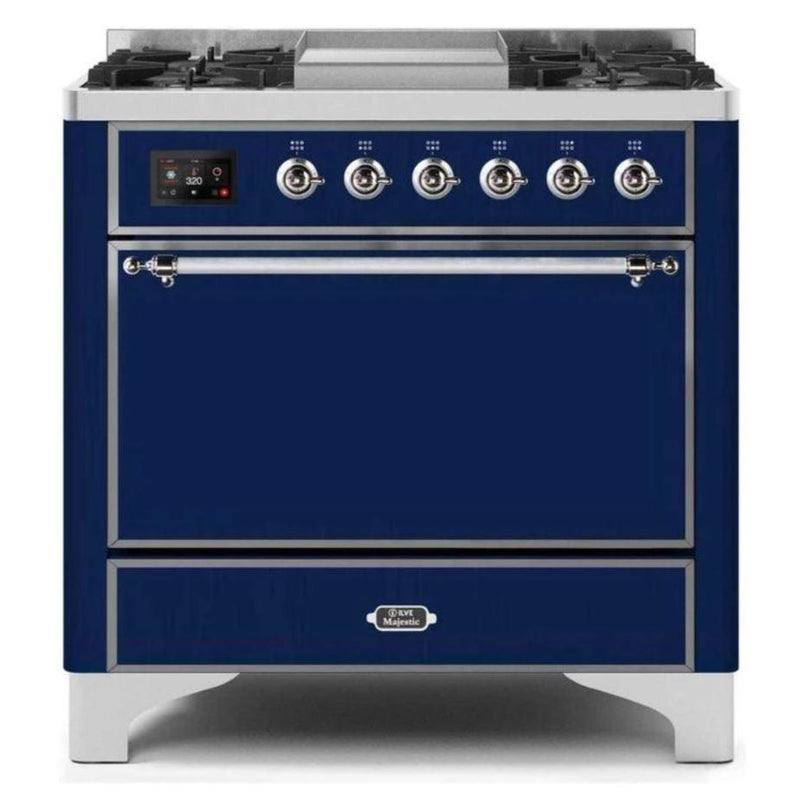 ILVE 36 Inch Majestic II Series Natural/ Propane Gas Burner and Electric Oven Range with 6 Sealed Burners (UM09FDQNS3) - Midnight Blue with Chrome Trim