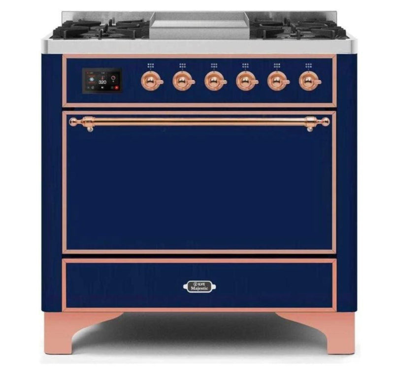 ILVE 36 Inch Majestic II Series Natural/ Propane Gas Burner and Electric Oven Range with 6 Sealed Burners (UM09FDQNS3) - Midnight Blue with Copper Trim