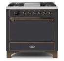 ILVE 36 Inch Majestic II Series Natural/ Propane Gas Burner and Electric Oven Range with 6 Sealed Burners (UM09FDQNS3) - Matte Graphite with Bronze Trim