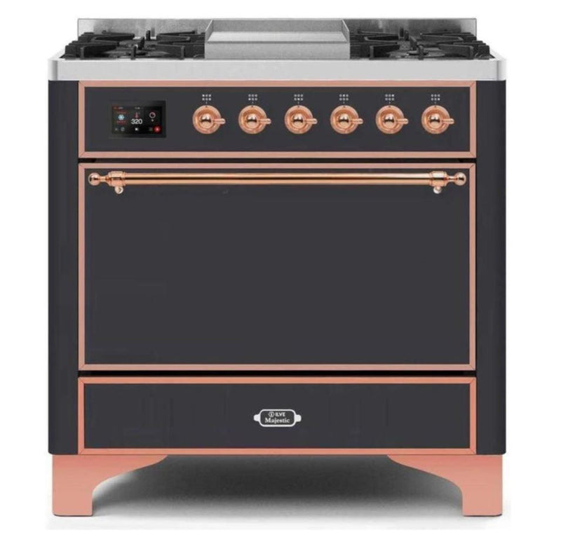 ILVE 36 Inch Majestic II Series Natural/ Propane Gas Burner and Electric Oven Range with 6 Sealed Burners (UM09FDQNS3) - Matte Graphite with Copper Trim