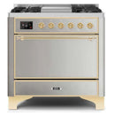 ILVE 36 Inch Majestic II Series Natural/ Propane Gas Burner and Electric Oven Range with 6 Sealed Burners (UM09FDQNS3) - Stainless Steel with Brass Trim