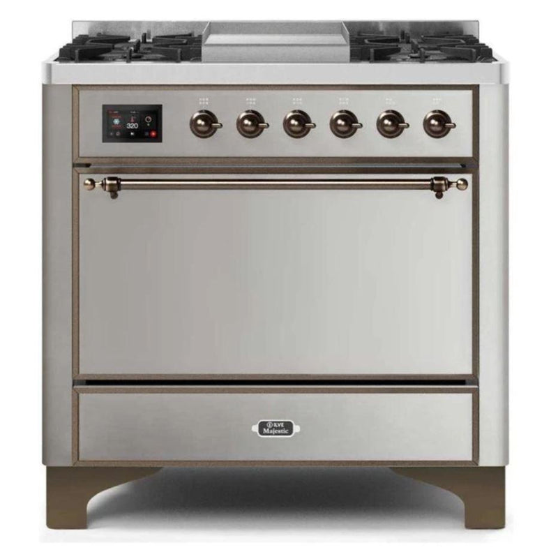 ILVE 36 Inch Majestic II Series Natural/ Propane Gas Burner and Electric Oven Range with 6 Sealed Burners (UM09FDQNS3) - Stainless Steel with Bronze Trim