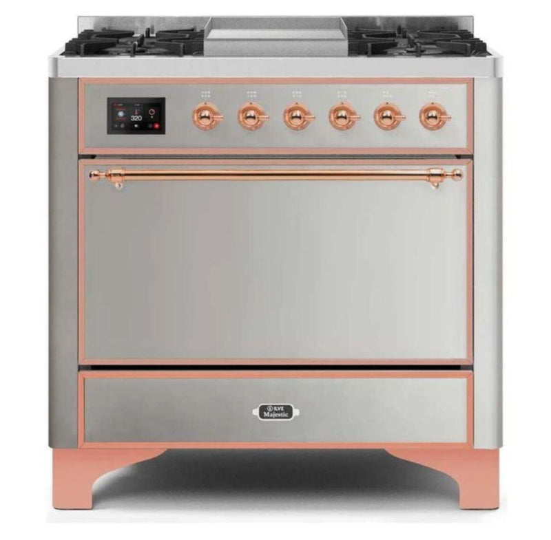 ILVE 36 Inch Majestic II Series Natural/ Propane Gas Burner and Electric Oven Range with 6 Sealed Burners (UM09FDQNS3) - Stainless Steel with Copper Trim