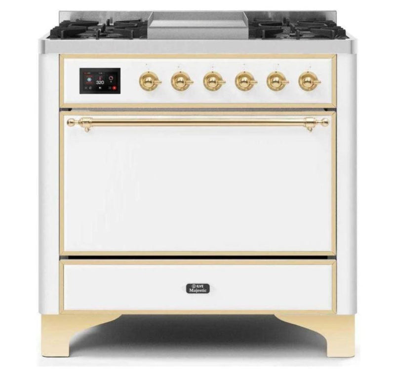 ILVE 36 Inch Majestic II Series Natural/ Propane Gas Burner and Electric Oven Range with 6 Sealed Burners (UM09FDQNS3) - White with Brass Trim