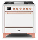 ILVE 36 Inch Majestic II Series Natural/ Propane Gas Burner and Electric Oven Range with 6 Sealed Burners (UM09FDQNS3) - White with Copper Trim