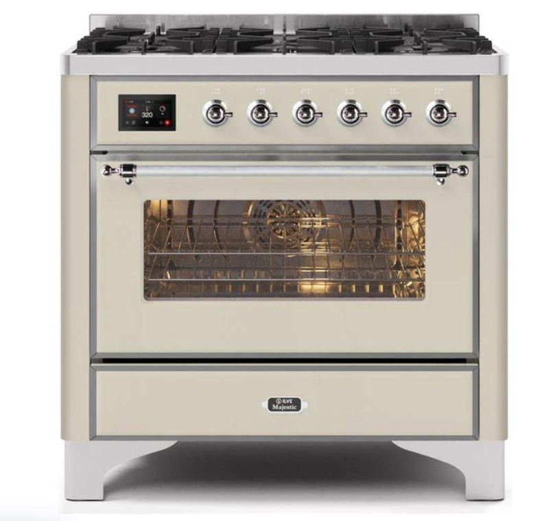 ILVE 36" Majestic II Series Dual Fuel Gas Range with 6 Burners with 3.5 cu. ft. Oven Capacity TFT Oven Control Display (UM096DNS) - Antique White with Chrome Trim