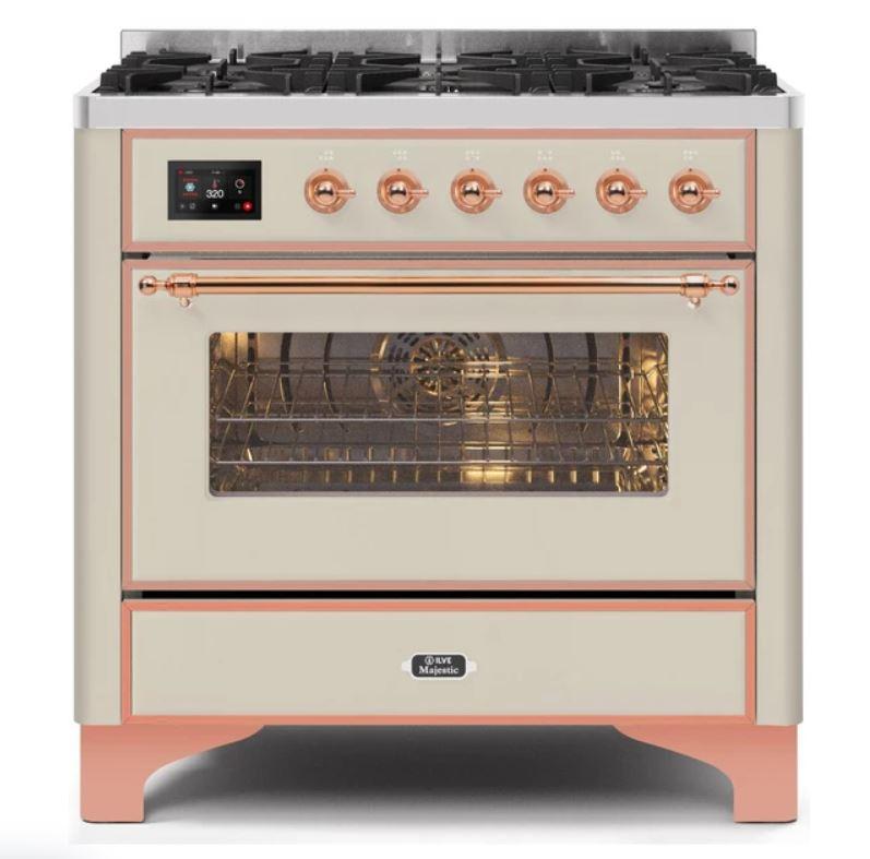 ILVE 36" Majestic II Series Dual Fuel Gas Range with 6 Burners with 3.5 cu. ft. Oven Capacity TFT Oven Control Display (UM096DNS) - Antique White with Copper Trim