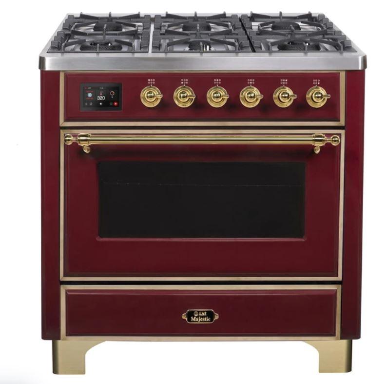 ILVE 36" Majestic II Series Dual Fuel Gas Range with 6 Burners with 3.5 cu. ft. Oven Capacity TFT Oven Control Display (UM096DNS) - Burgundy with Brass Trim
