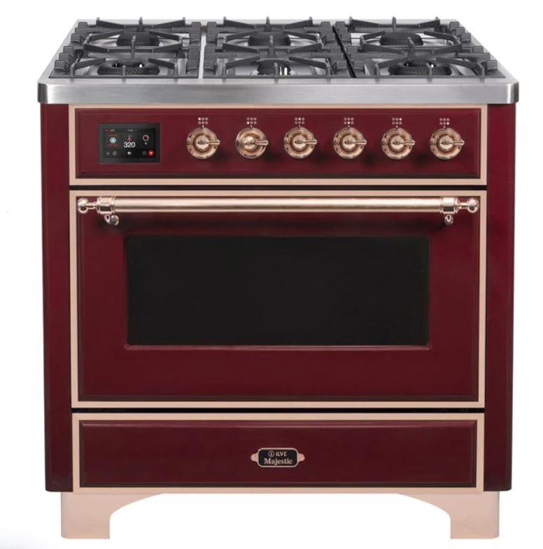 ILVE 36" Majestic II Series Dual Fuel Gas Range with 6 Burners with 3.5 cu. ft. Oven Capacity TFT Oven Control Display (UM096DNS) - Burgundy with Copper Trim