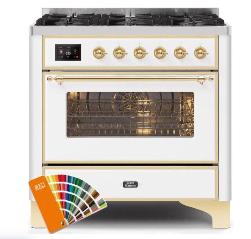 ILVE 36" Majestic II Series Dual Fuel Gas Range with 6 Burners with 3.5 cu. ft. Oven Capacity TFT Oven Control Display (UM096DNS) - Custom RAL Color with Brass Trim