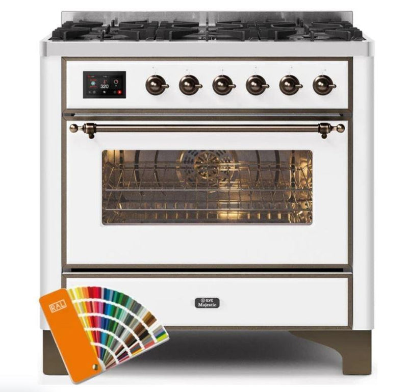 ILVE 36" Majestic II Series Dual Fuel Gas Range with 6 Burners with 3.5 cu. ft. Oven Capacity TFT Oven Control Display (UM096DNS) - Custom RAL Color with Bronze Trim
