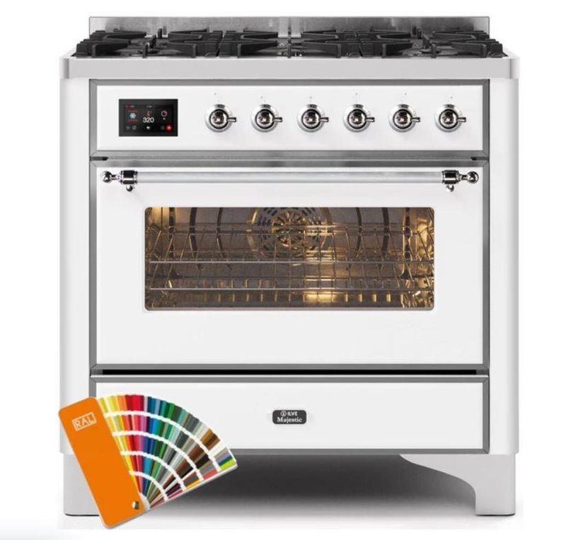 ILVE 36" Majestic II Series Dual Fuel Gas Range with 6 Burners with 3.5 cu. ft. Oven Capacity TFT Oven Control Display (UM096DNS) - Custom RAL Color with Chrome Trim