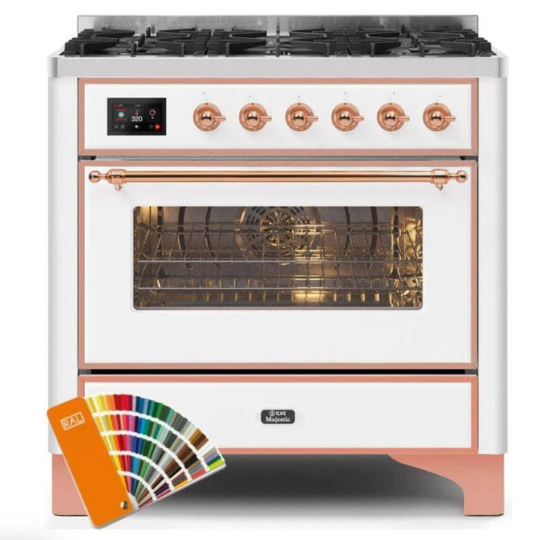 ILVE 36" Majestic II Series Dual Fuel Gas Range with 6 Burners with 3.5 cu. ft. Oven Capacity TFT Oven Control Display (UM096DNS) - Custom RAL Color with Copper Trim