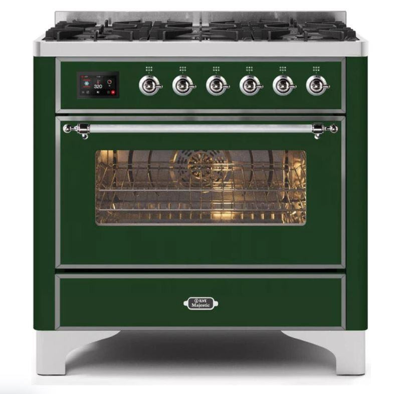 ILVE 36" Majestic II Series Dual Fuel Gas Range with 6 Burners with 3.5 cu. ft. Oven Capacity TFT Oven Control Display (UM096DNS) - Emerald Green with Chrome Trim