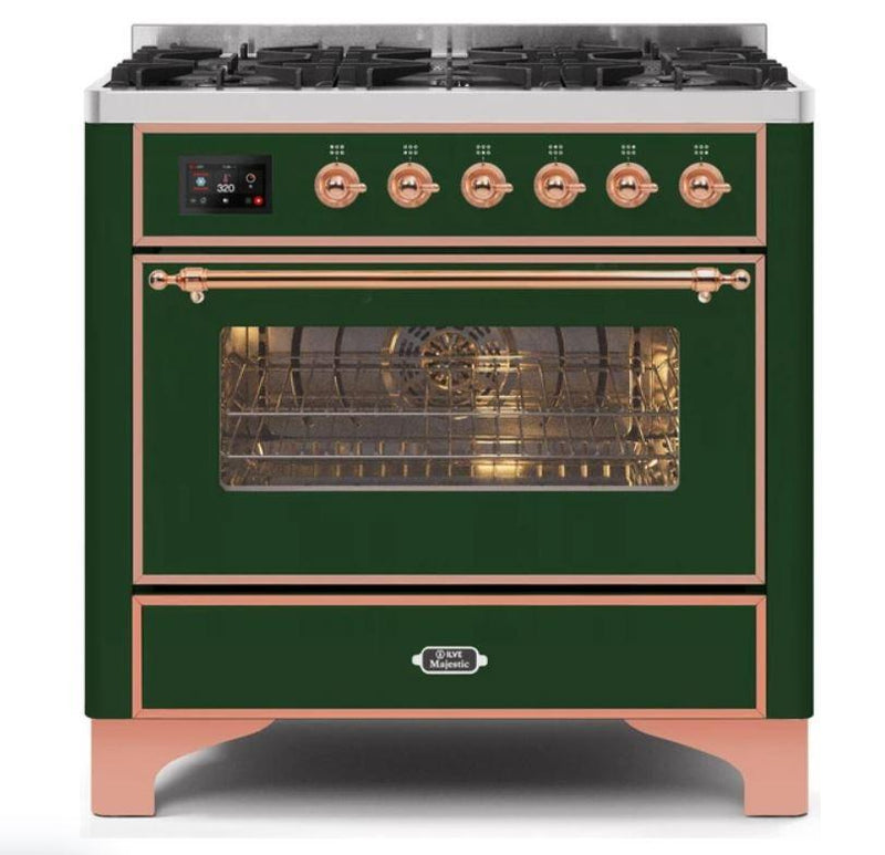 ILVE 36" Majestic II Series Dual Fuel Gas Range with 6 Burners with 3.5 cu. ft. Oven Capacity TFT Oven Control Display (UM096DNS) - Emerald Green with Copper Trim