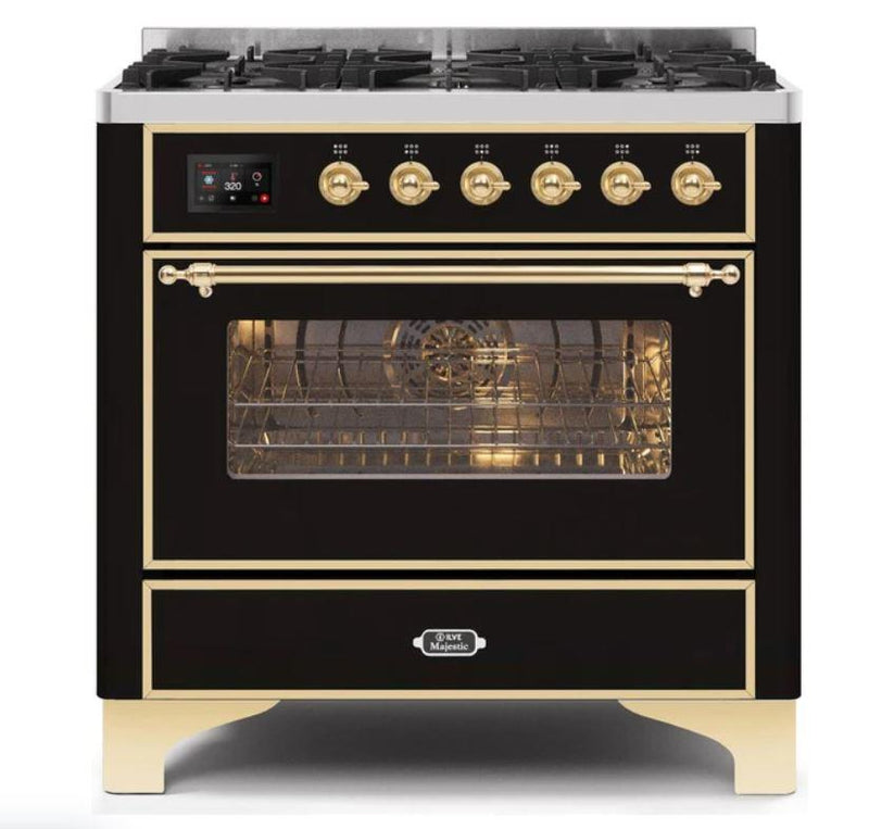 ILVE 36" Majestic II Series Dual Fuel Gas Range with 6 Burners with 3.5 cu. ft. Oven Capacity TFT Oven Control Display (UM096DNS) - Glossy Black with Brass Trim