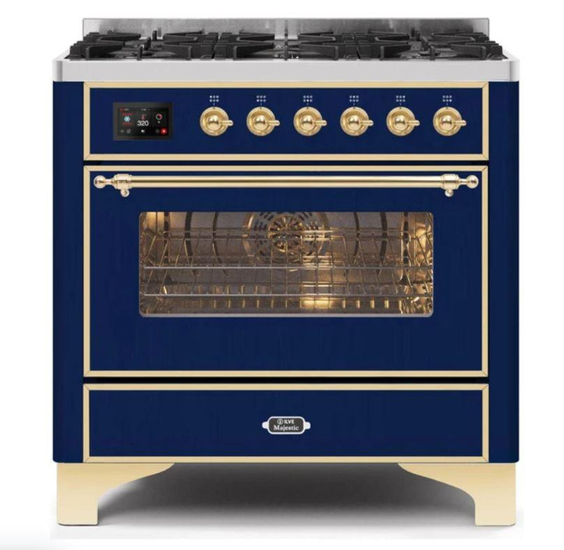 ILVE 36" Majestic II Series Dual Fuel Gas Range with 6 Burners with 3.5 cu. ft. Oven Capacity TFT Oven Control Display (UM096DNS) - Midnight Blue with Brass Trim