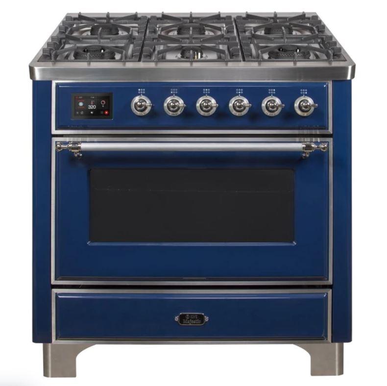 ILVE 36" Majestic II Series Dual Fuel Gas Range with 6 Burners with 3.5 cu. ft. Oven Capacity TFT Oven Control Display (UM096DNS) - Midnight Blue with Chrome Trim