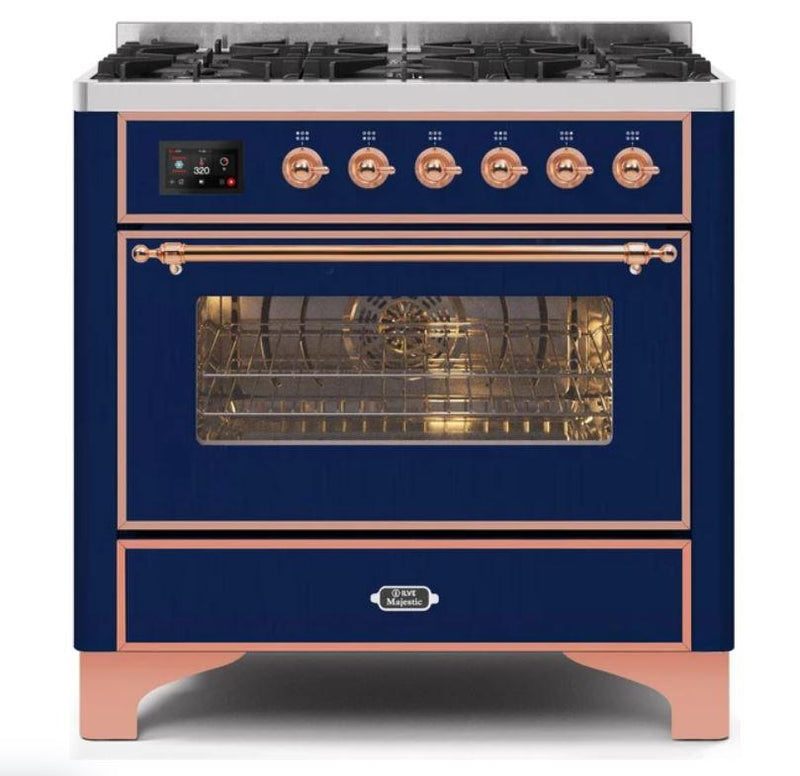 ILVE 36" Majestic II Series Dual Fuel Gas Range with 6 Burners with 3.5 cu. ft. Oven Capacity TFT Oven Control Display (UM096DNS) - Midnight Blue with Copper Trim