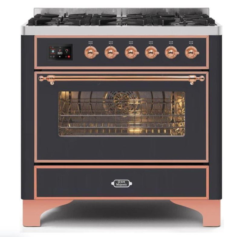 ILVE 36" Majestic II Series Dual Fuel Gas Range with 6 Burners with 3.5 cu. ft. Oven Capacity TFT Oven Control Display (UM096DNS) - Matte Graphite with Copper Trim