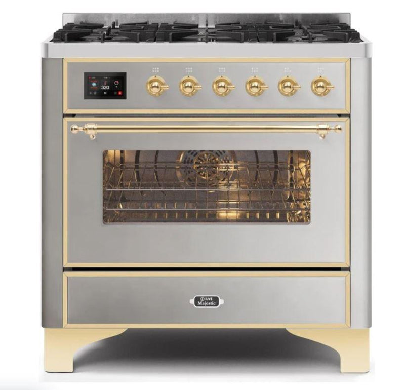 ILVE 36" Majestic II Series Dual Fuel Gas Range with 6 Burners with 3.5 cu. ft. Oven Capacity TFT Oven Control Display (UM096DNS) - Stainless Steel with Brass Trim