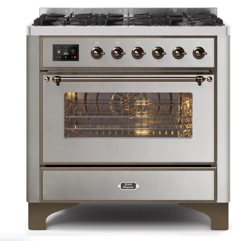 ILVE 36" Majestic II Series Dual Fuel Gas Range with 6 Burners with 3.5 cu. ft. Oven Capacity TFT Oven Control Display (UM096DNS) - Stainless Steel with Bronze Trim